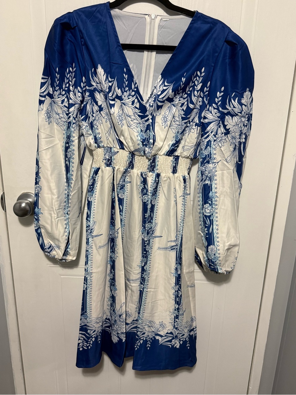 Blue and White Floral V-Neck Women's Dress